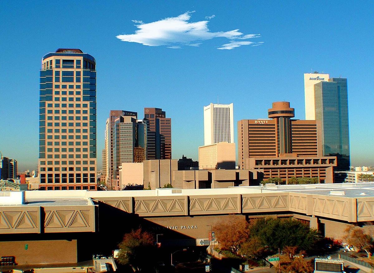 Downtown Phoenix, Arizona, in a historical photograph; regional orientation for the Phoenix area